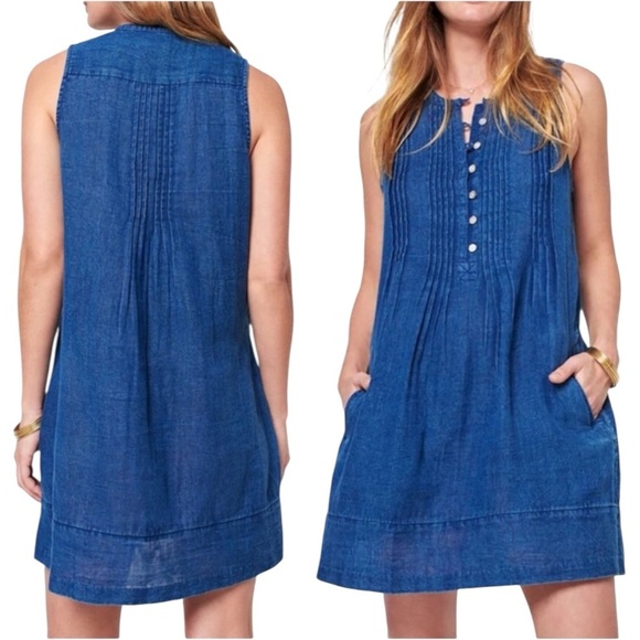 FAHERTY Isha Sleeveless Organic Cotton Mini Dress +Pockets Indigo Chambray Small - Picture 2 of 7